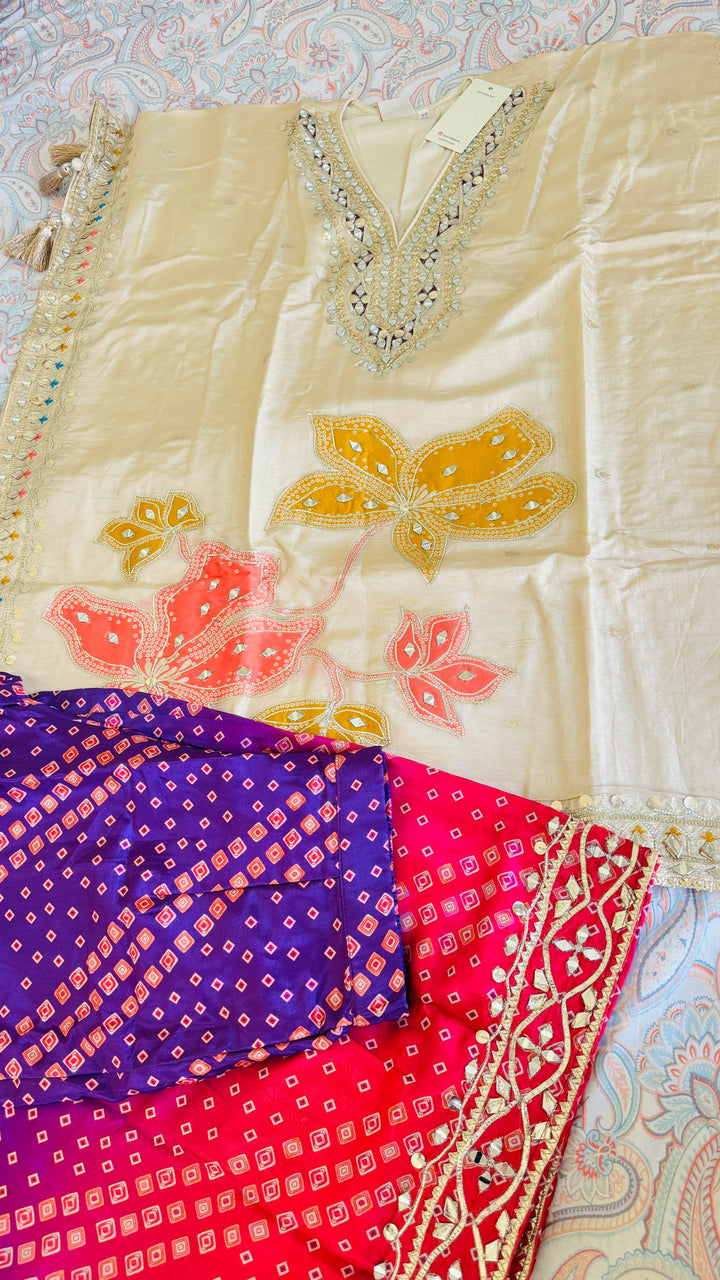 Off White Embroidered  gotta patti party wear purple bandhani sharara kaftan set