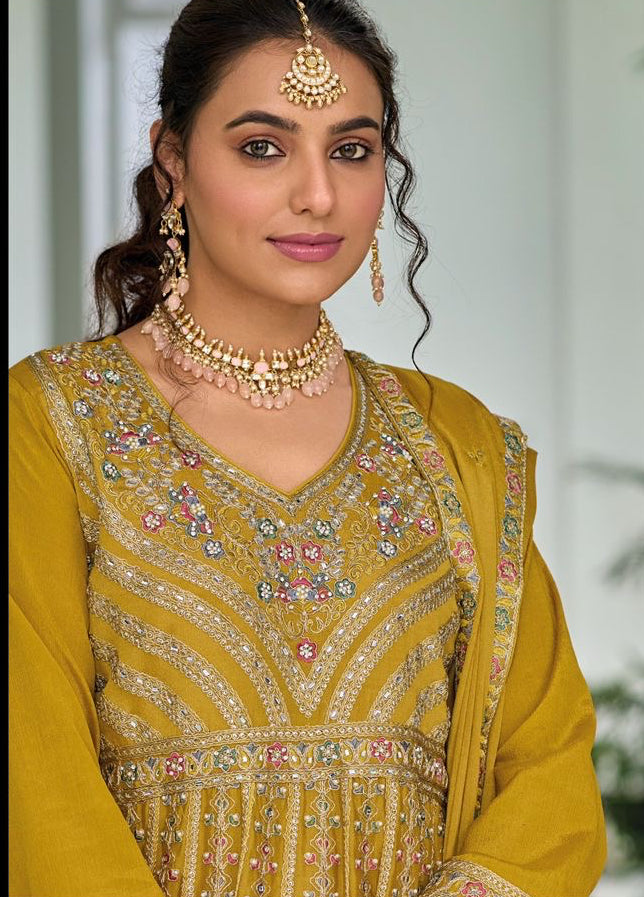 Mustard Embroidered Peplum Style Palaazo Suit Set