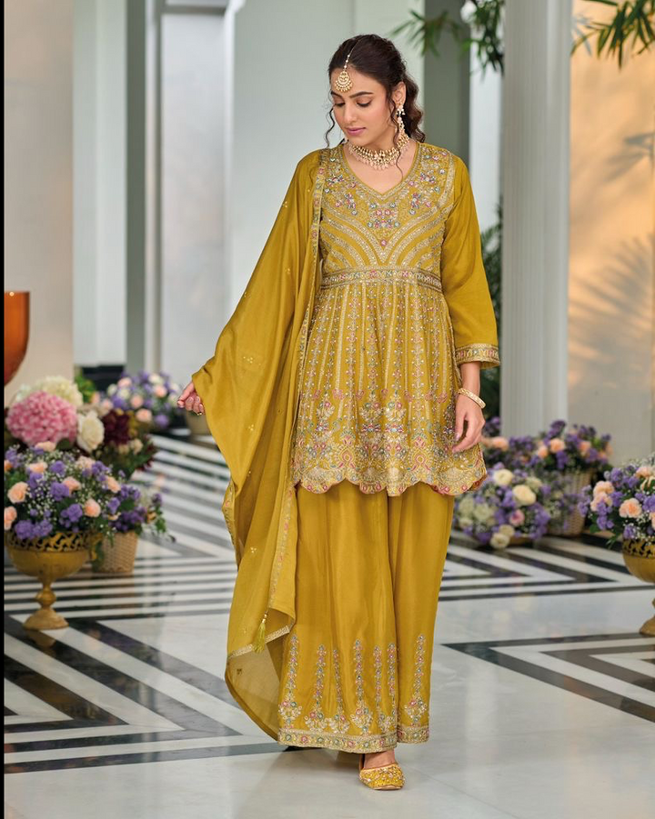 Mustard Embroidered Peplum Style Palaazo Suit Set