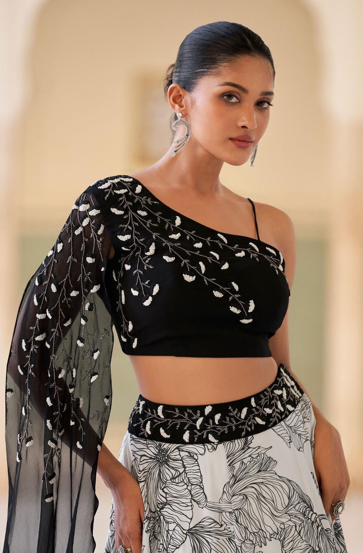Black and White Off Shoulder Dramactic Sleeves Crop Top Skirt Set