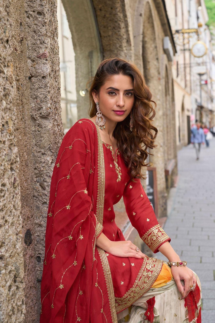 Red Karwachauth Special Party Wear Embroidered Straight Kurta With Printed Sharara and Red Dupatta