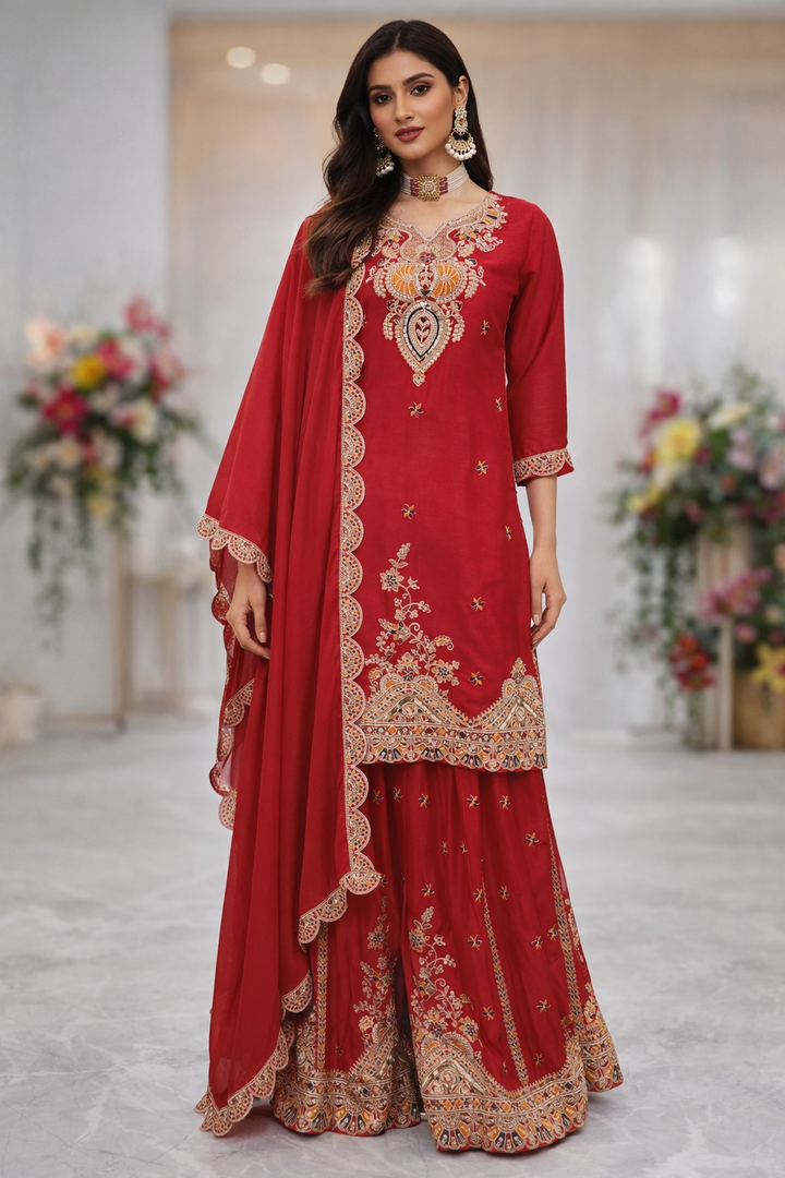 Red Karwachauth Special Party Wear Embroidered Straight Kurta With Sharara and Dupatta