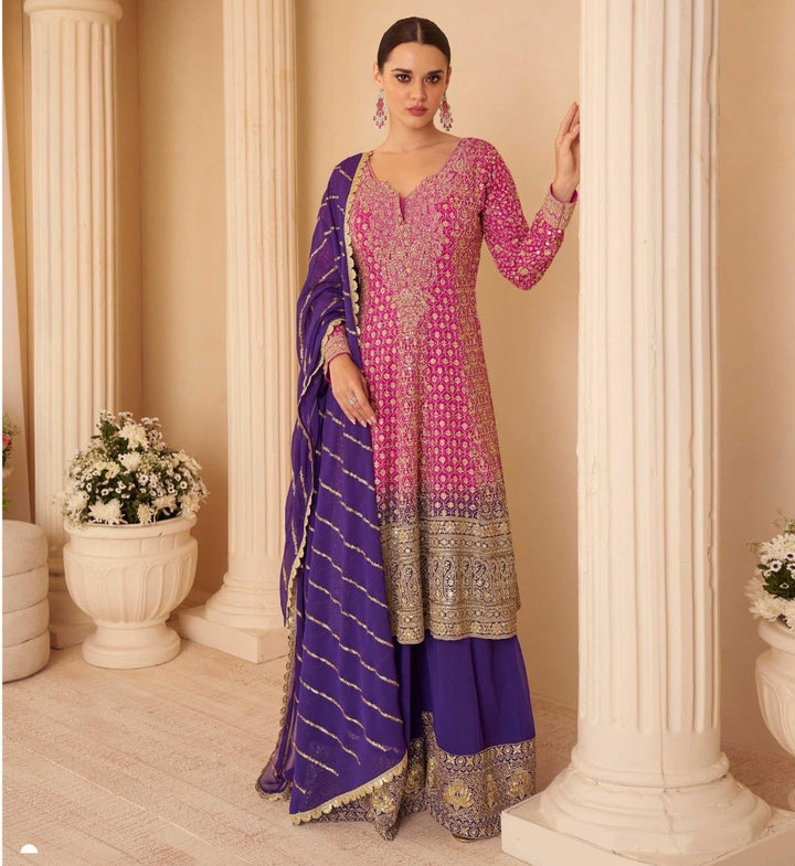 Pink-Purple Heavy Anarkali Style Swaroski Embroidered Party Wear Palazzo Suit