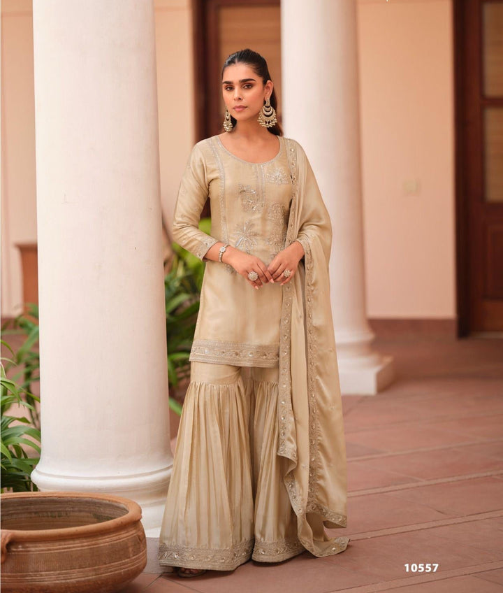 Off White - Golden Embroidered Party Wear Sharara Style Suit Set