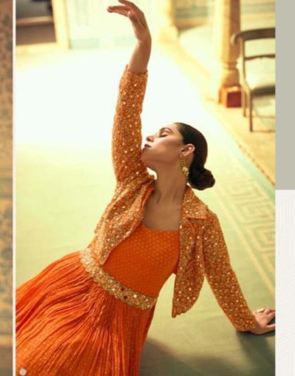 Orange Designer Wedding Gown With Jacket and Embroidery