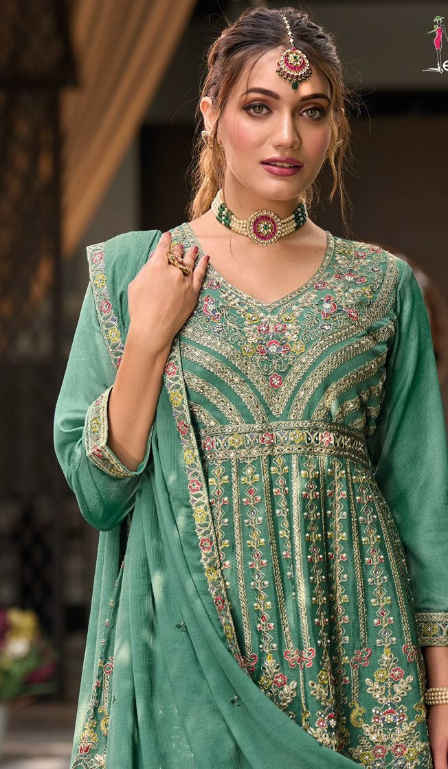 Mint Green Embroidered Peplum Style Palaazo Suit Set