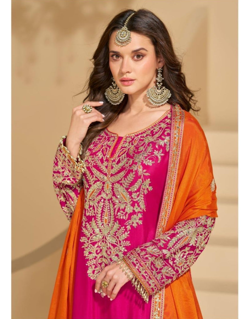 Rani Pink Anarkali Style Festive Embroidered Palazzo Suit