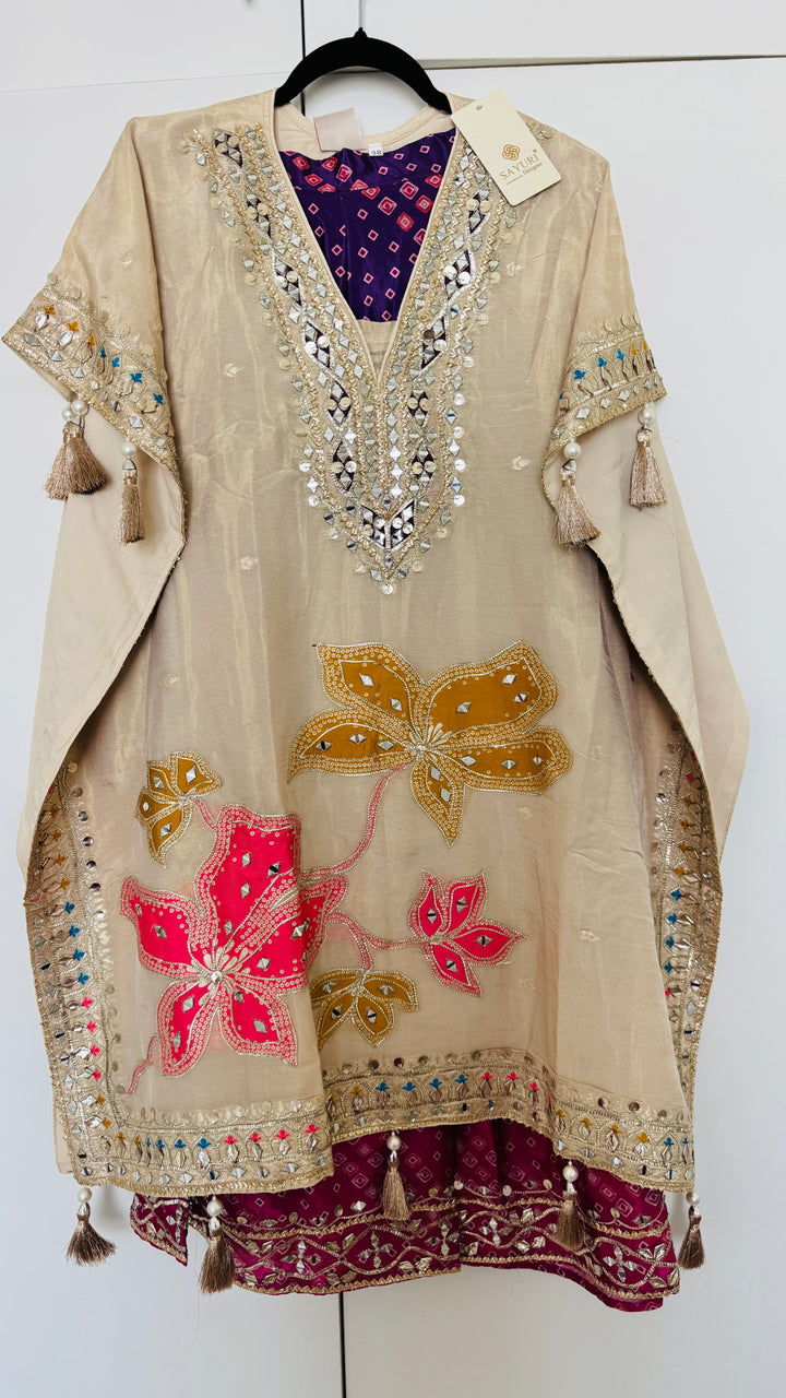 Off White Embroidered  gotta patti party wear purple bandhani sharara kaftan set