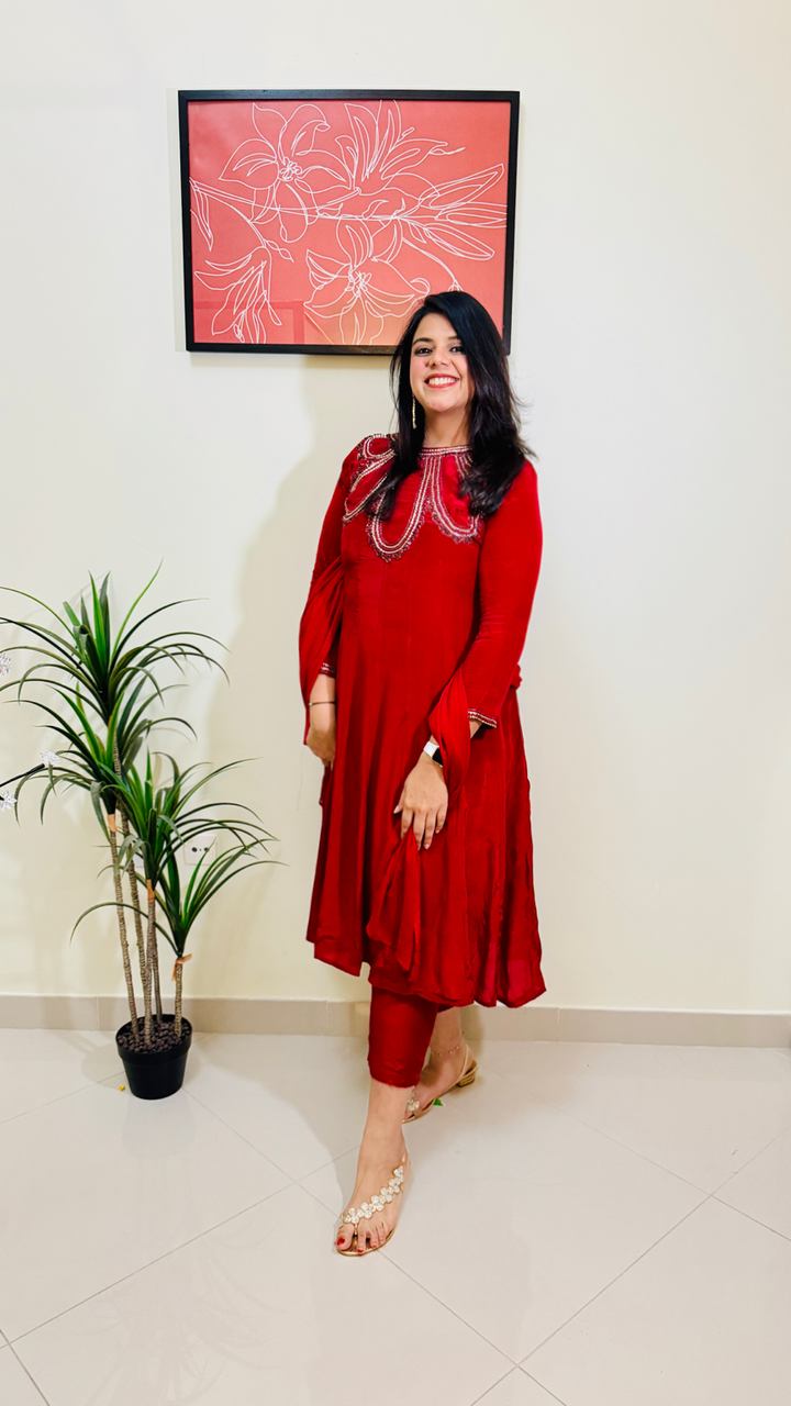 Maroon Embroidered Crepe Anarkali Suit