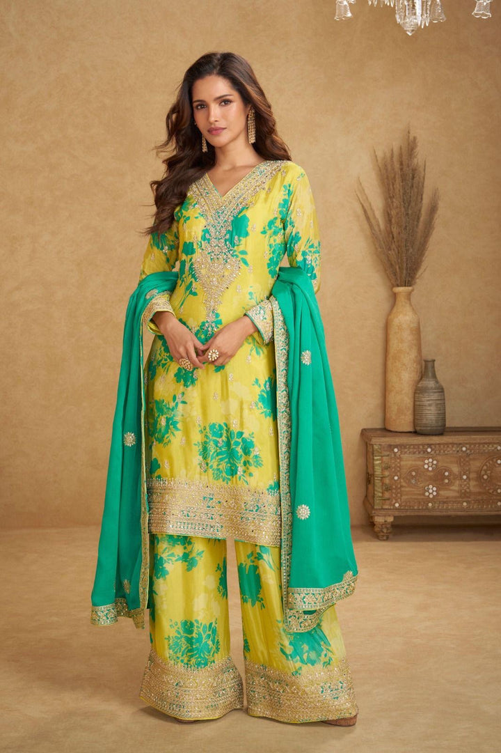 Yellow Green Printed Dual Shade Palazzo Festive Suit Set