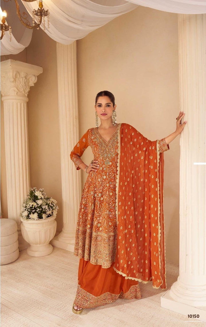 Orange Heavy Anarkali Style Swaroski Embroidered Party Wear Palazzo Suit