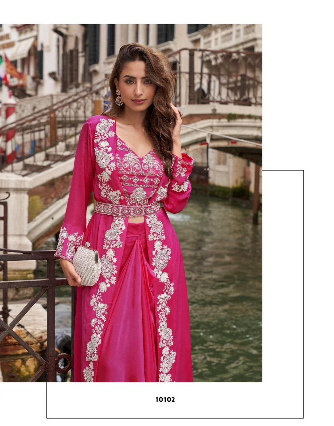 Pink Cape 3 piece Indo Western Drape Skirt Set With Belt