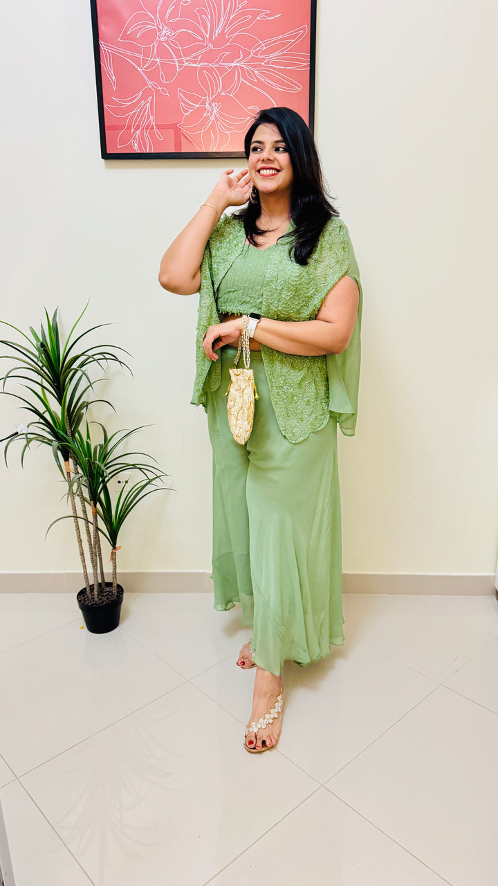 Pastel Green 3 Piece Indo Western Jacket Palazzo Party Wear Set