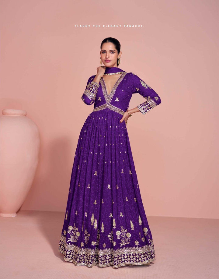 Purple Embroidered Tradtional Anarkali Gown Set