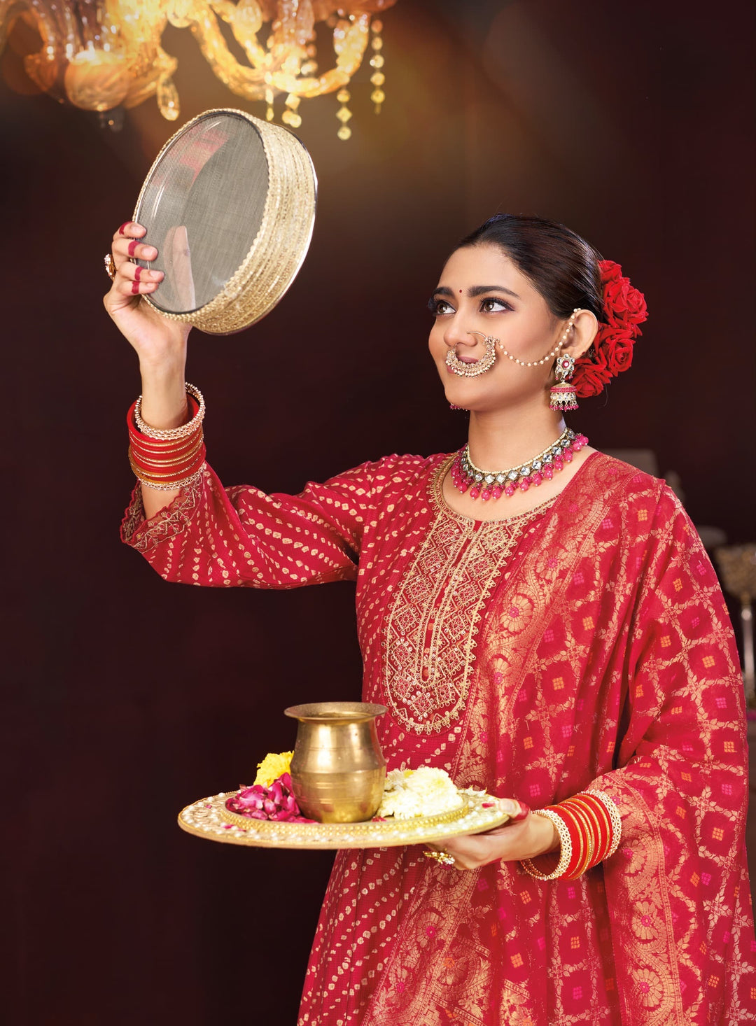 Red Karwachauth Special Kurti Pants And Dupatta With Embroidery