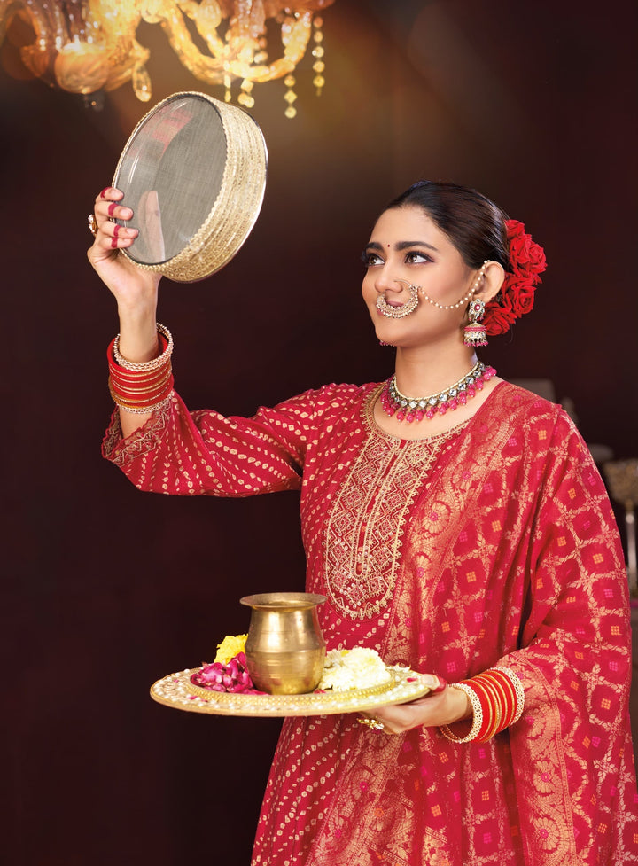 Red Karwachauth Special Kurti Pants And Dupatta With Embroidery