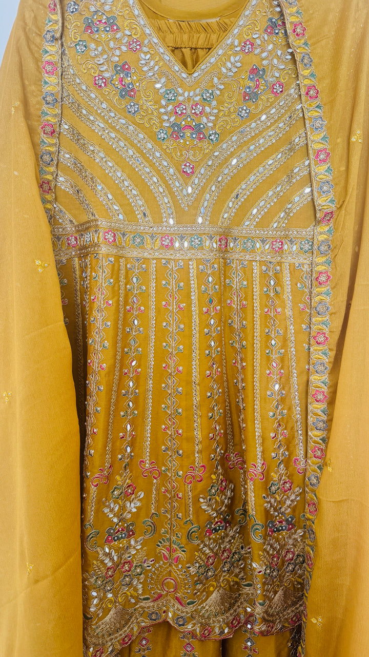 Mustard Embroidered Peplum Style Palaazo Suit Set