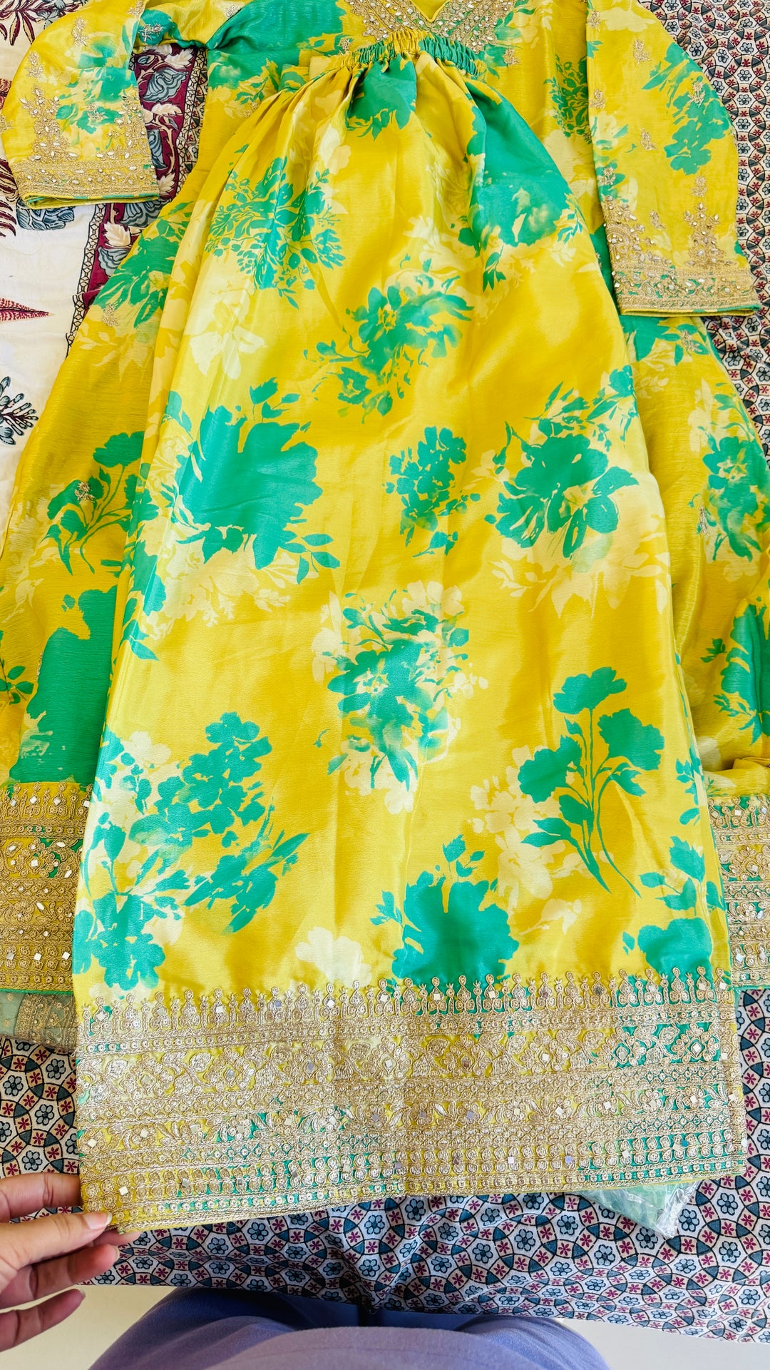 Yellow Green Printed Dual Shade Palazzo Festive Suit Set