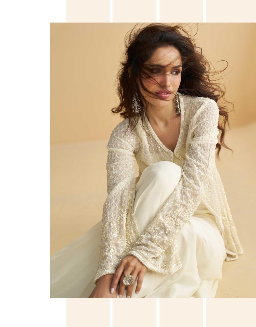Designer White 3 Piece Indo Western Cape Party Wear Set
