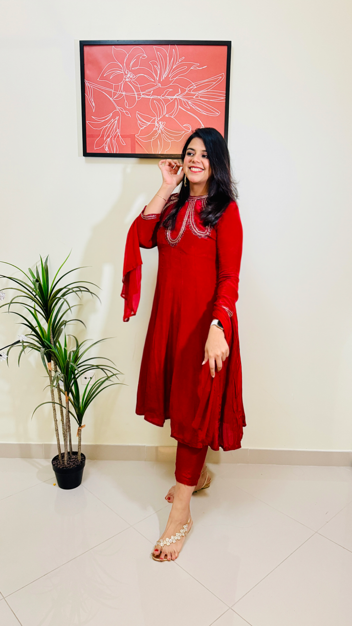 Maroon Embroidered Crepe Anarkali Suit