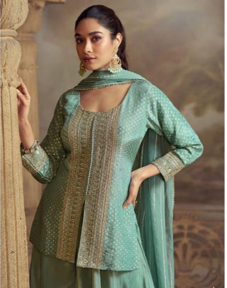 Mint Green Festive Kothi Skirt Set With Golden Embroidery