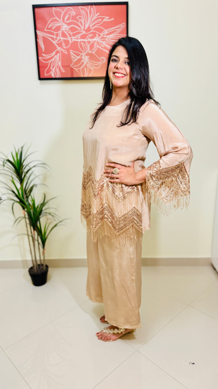 Beige Party Wear Embroidered Coord Set