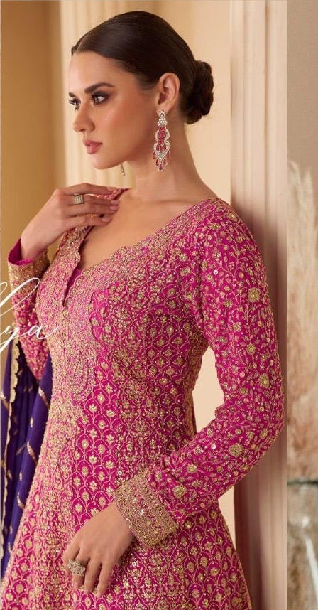 Pink-Purple Heavy Anarkali Style Swaroski Embroidered Party Wear Palazzo Suit