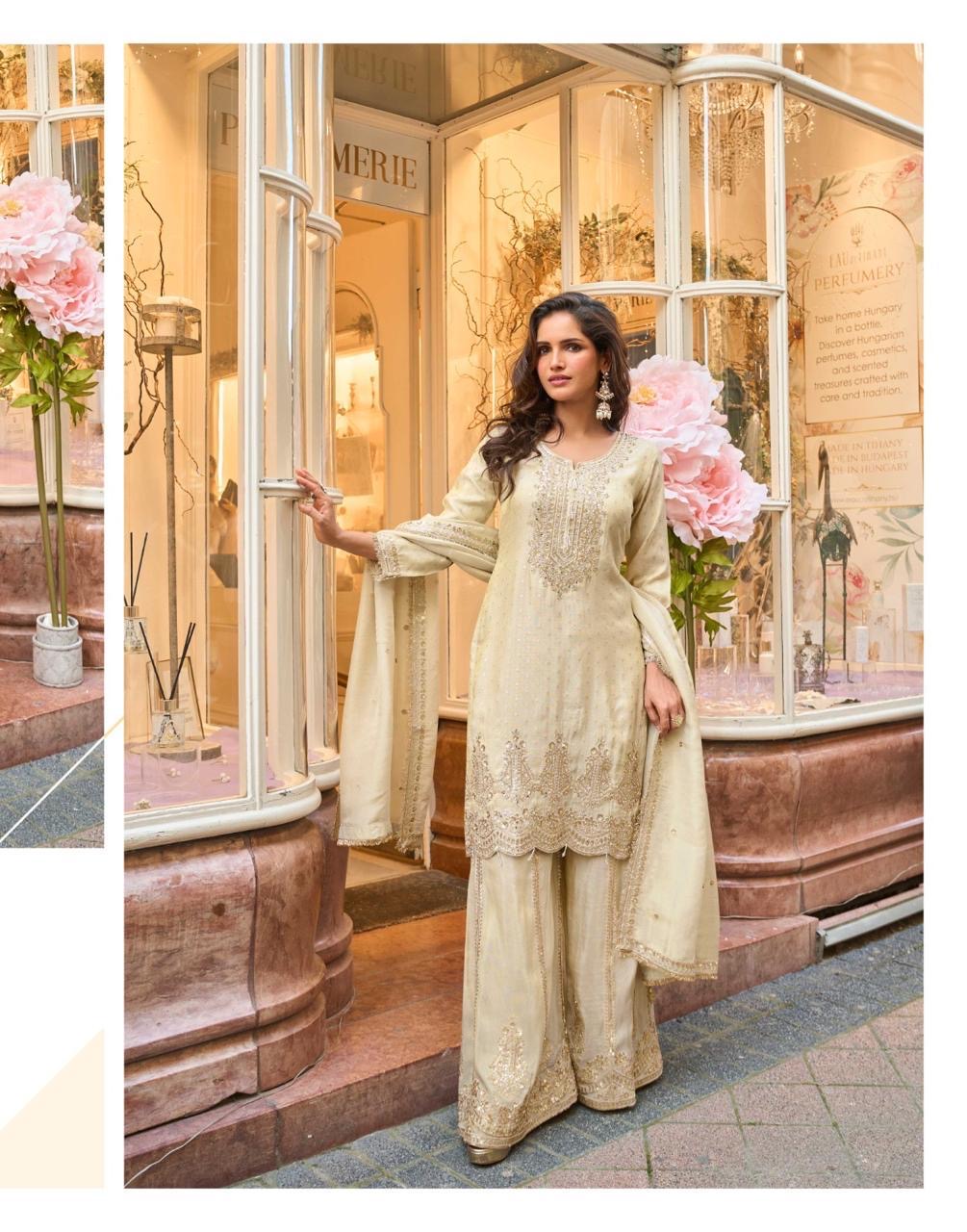 Ivory Festive Golden Embroidered Palazzo Suit Set