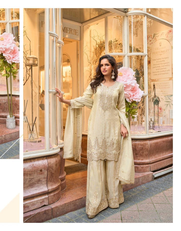 Ivory Festive Golden Embroidered Palazzo Suit Set