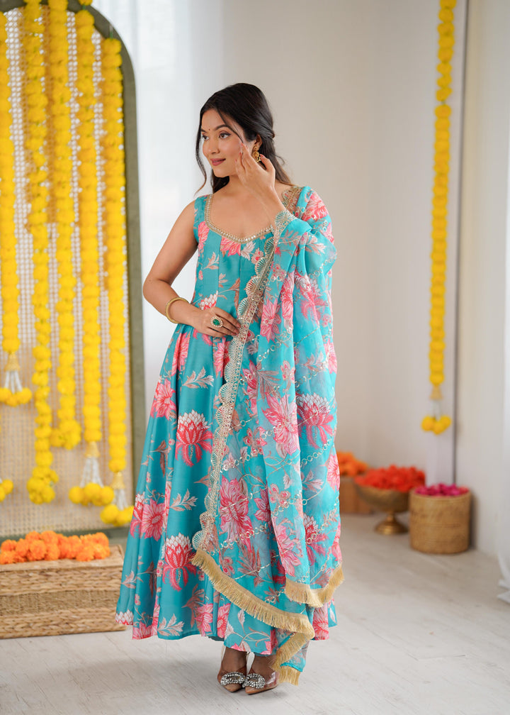 Light Blue Floral Long Anarkali Festive Suit