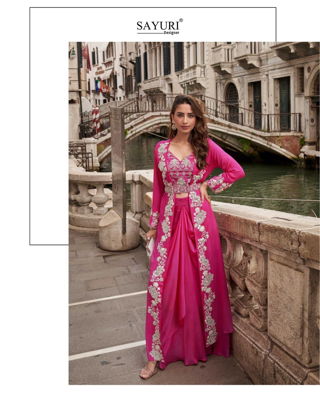 Pink Cape 3 piece Indo Western Drape Skirt Set With Belt