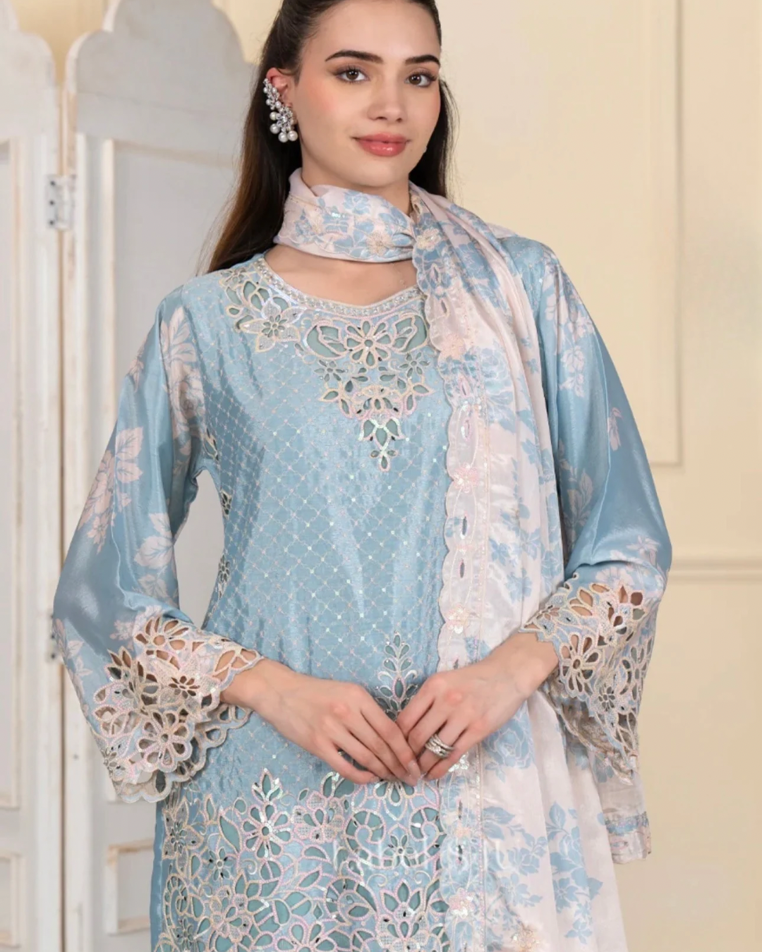 Noor Al Dubai Light Blue Itra Cutwork-Palazzo Set