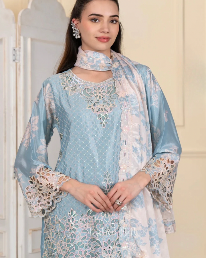 Noor Al Dubai Light Blue Itra Cutwork-Palazzo Set