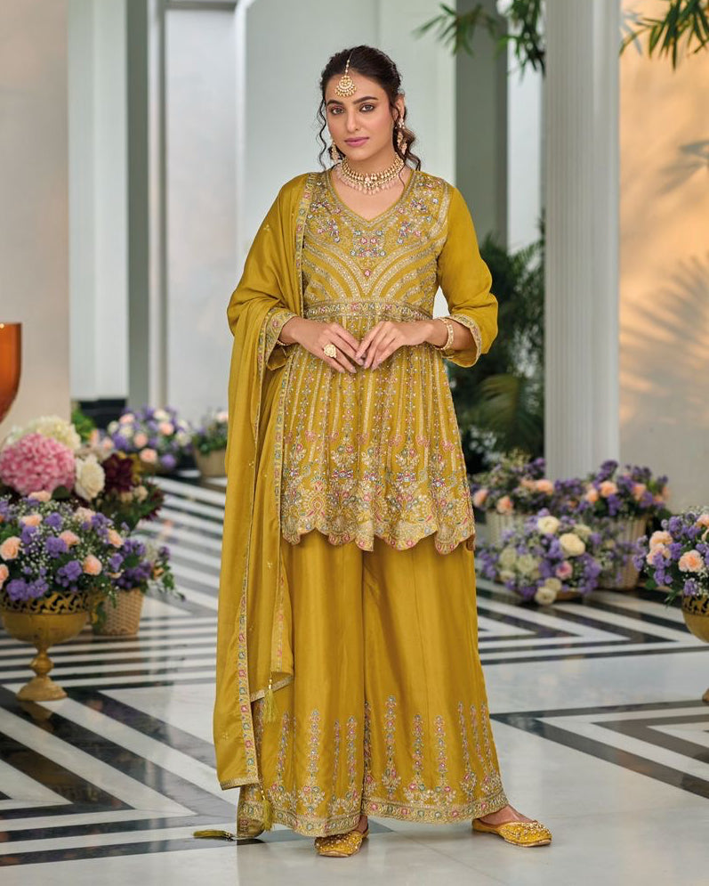 Mustard Embroidered Peplum Style Palaazo Suit Set