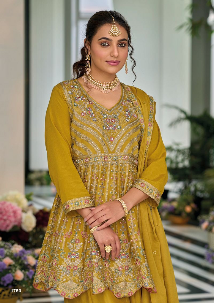 Mustard Embroidered Peplum Style Palaazo Suit Set