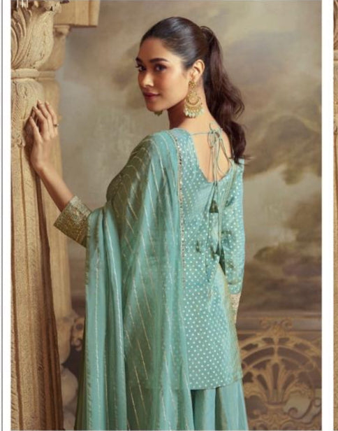 Mint Green Festive Kothi Skirt Set With Golden Embroidery