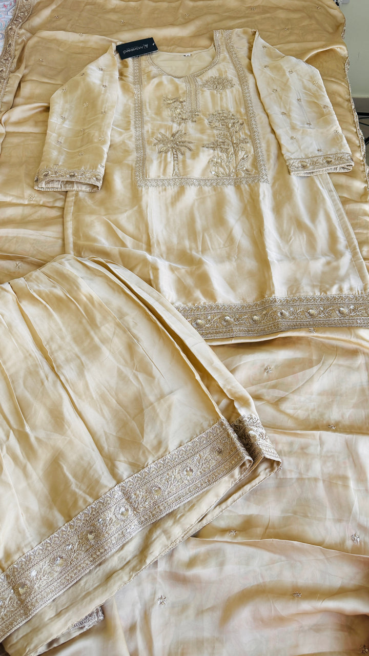 Off White - Golden Embroidered Party Wear Sharara Style Suit Set