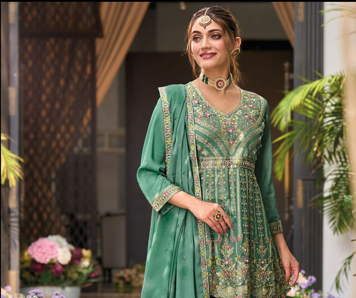 Mint Green Embroidered Peplum Style Palaazo Suit Set