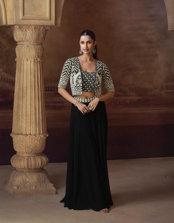Black Party Wear 3 Piece Embroidered Jacket With Palazzo Set
