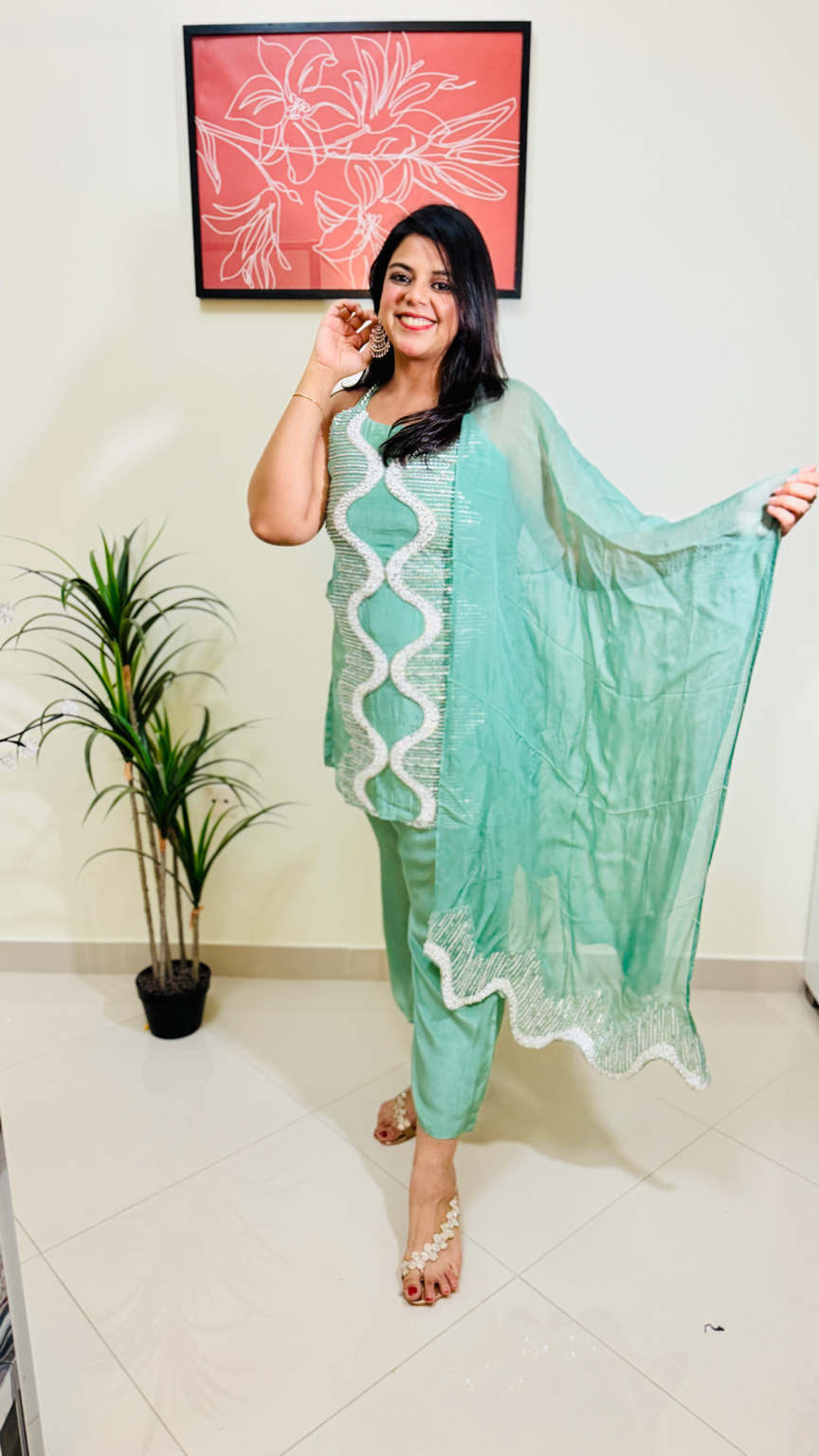 Pastel Green Heavy Embroidered Party Wear Kurta Palazzo Suit