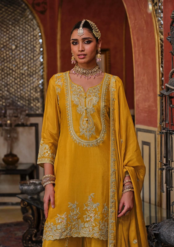 Dubai Golden Souk Rouge– Regal Embroidered Mustard Yellow Palazzo Suit Set