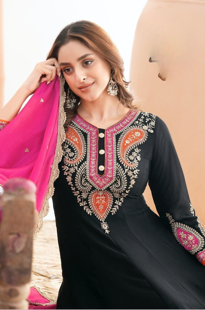 Black Anarkali Embroidered Party Wear Suit