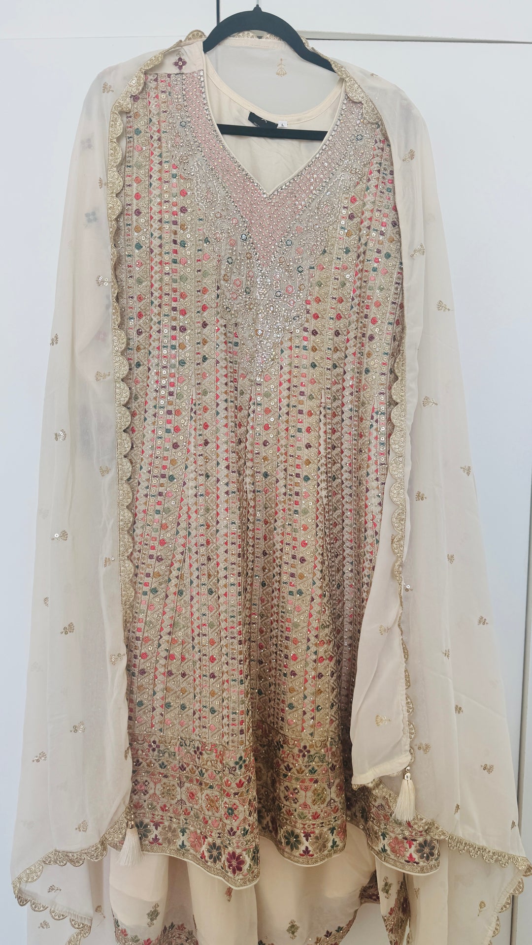 Cream Anarkali Style Palazzo Party Wear Embroidered Suit Set