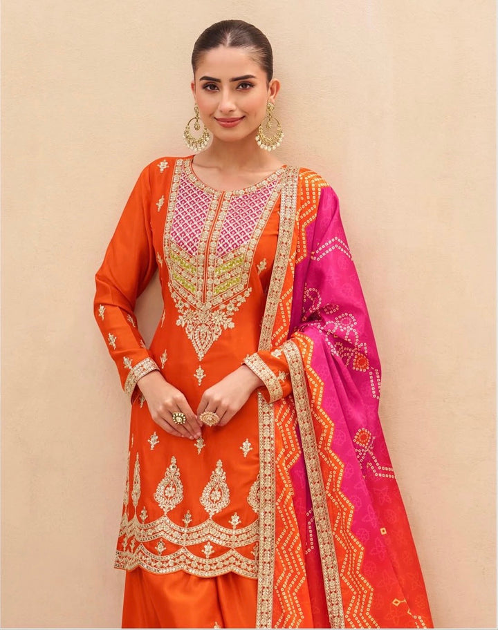 Global Village Heavy Embroidered Orange and Pink Festive Palazzo Suit Set