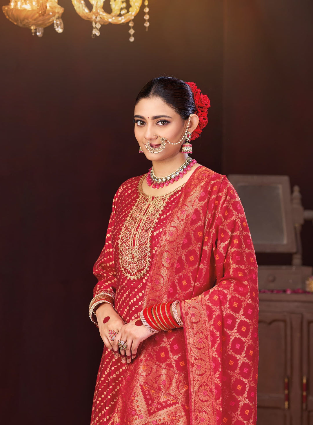 Red Karwachauth Special Kurti Pants And Dupatta With Embroidery