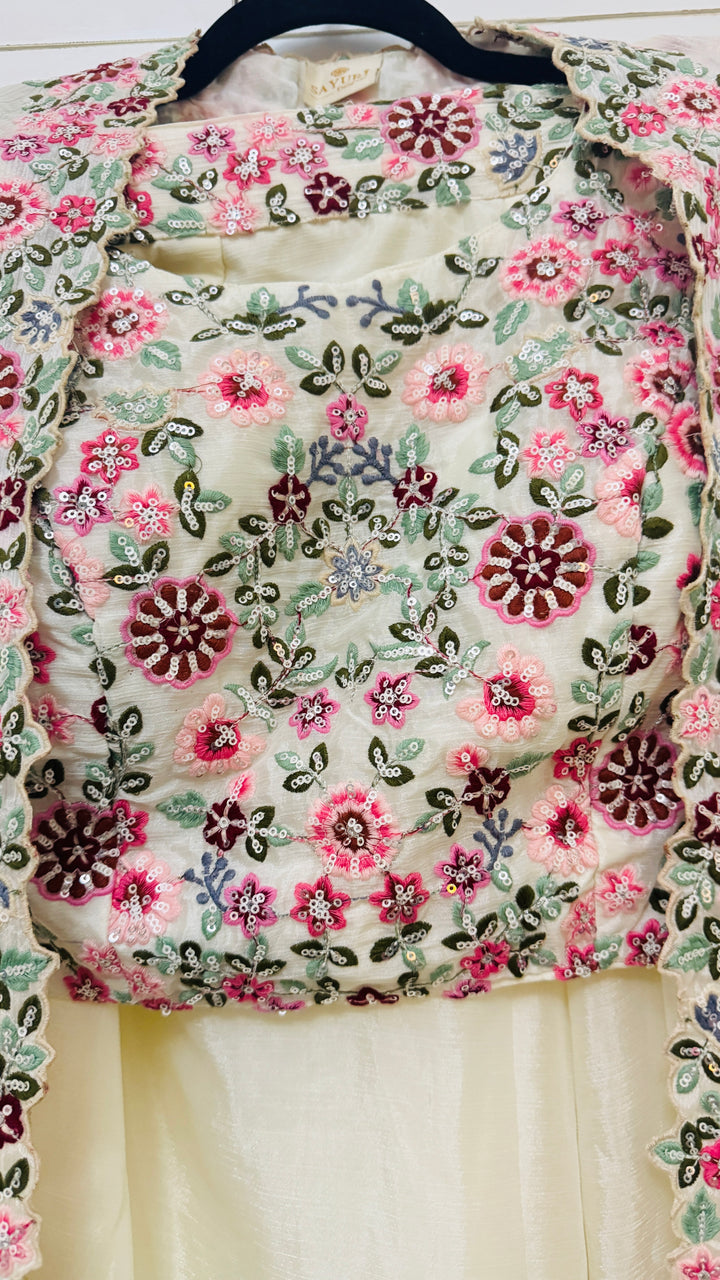 White 3 piece Indo Western Floral Embroidered Cape Set