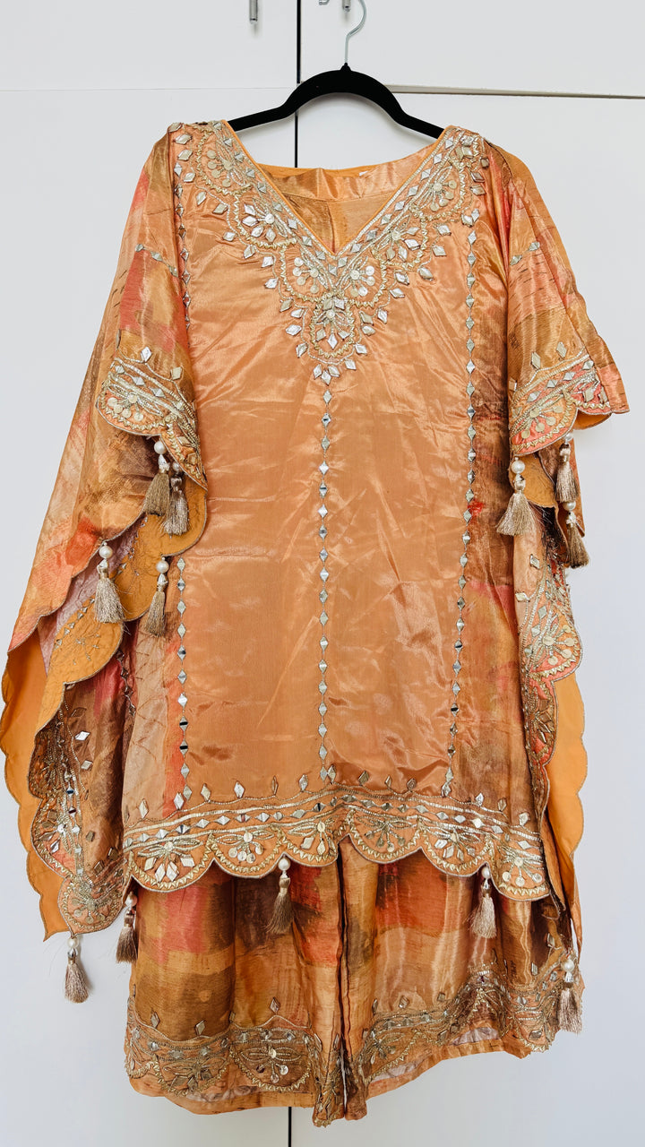 Golden gotta patti party wear sharara kaftan set