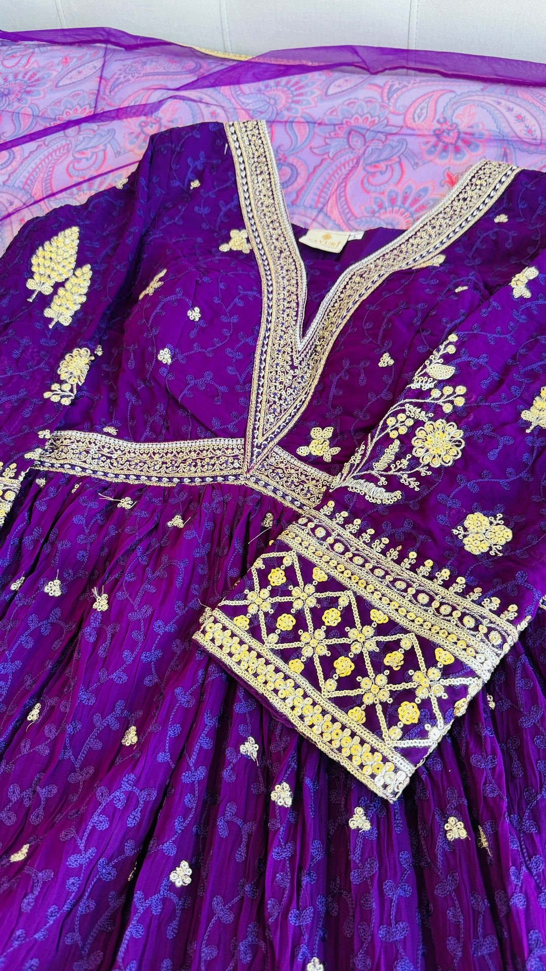 Purple Embroidered Tradtional Anarkali Gown Set