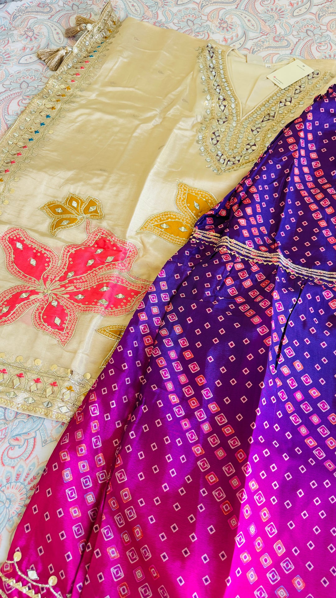 Off White Embroidered  gotta patti party wear purple bandhani sharara kaftan set