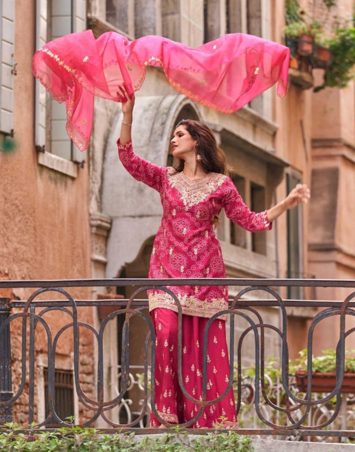 Rani Pink Bhandej Festive Wear Palazzo Suit